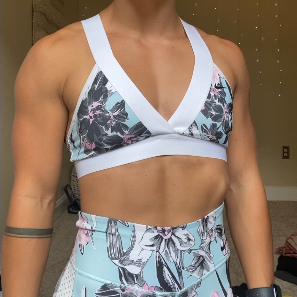 Nike floral sports bra, blue, white, pink & black